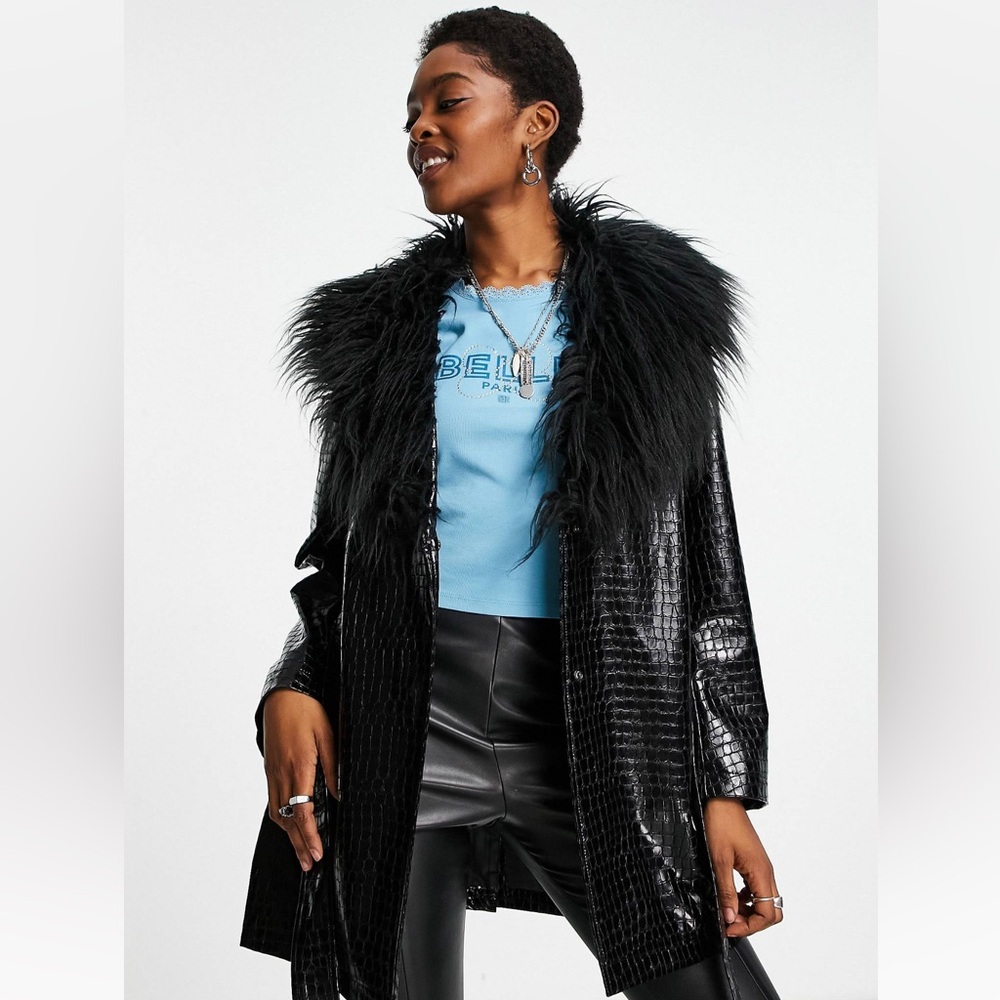ASOS | Croc Vinyl belted faux fur trim coat